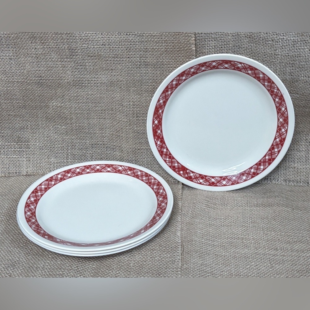 Vintage Corelle Red Plaid Dessert Plate Set 7 Inch Cottage Core Farmhouse Rustic